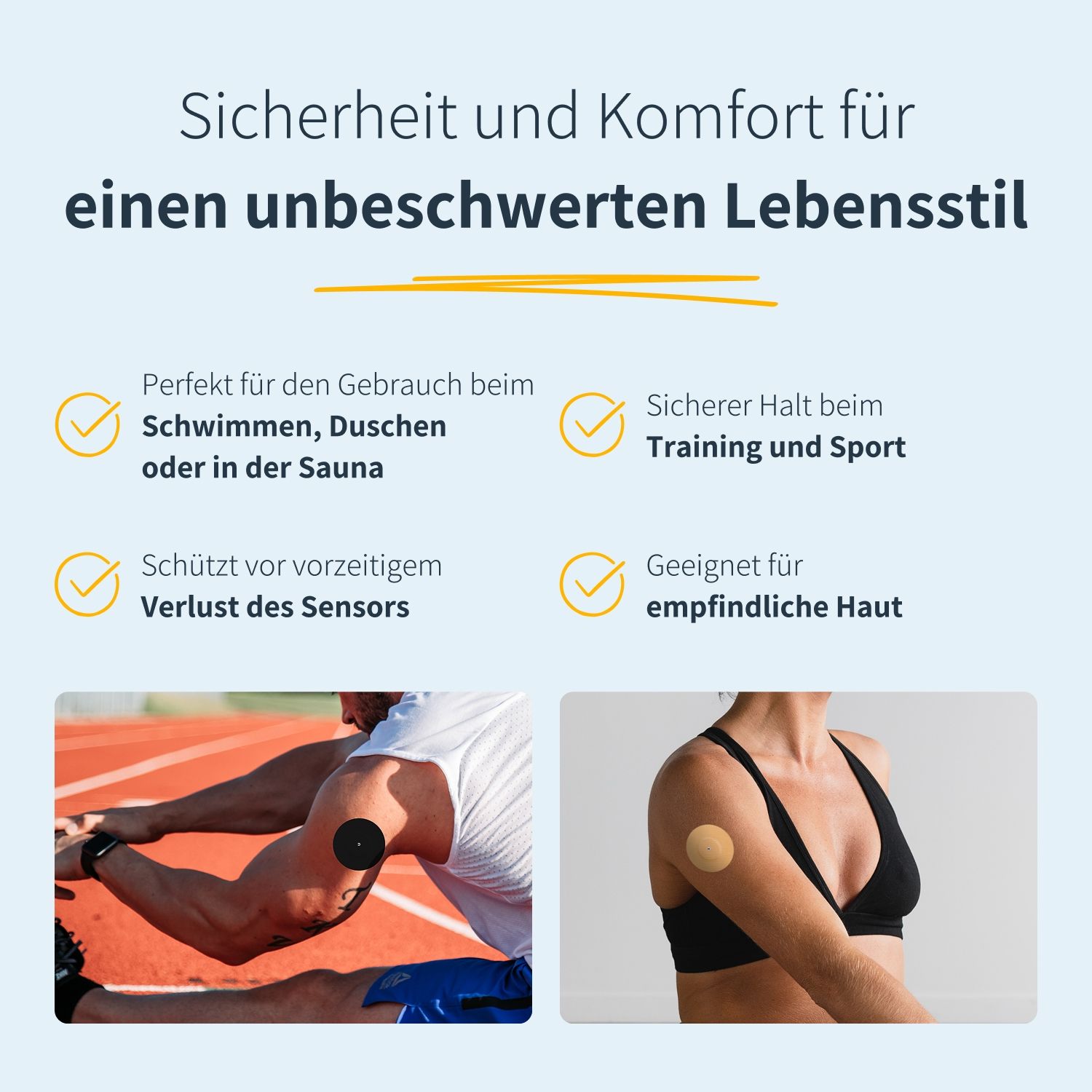 Zwei Fotos zeigen Personen mit Pflastern am Arm. Text: Sicherheit und Komfort für einen unbeschwerten Lebensstil. Geeignet für Sport und empfindliche Haut.