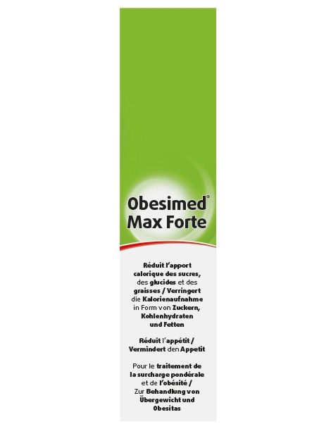Vorderseite der Obesimed Max Forte Packung mit Produktinformationen.