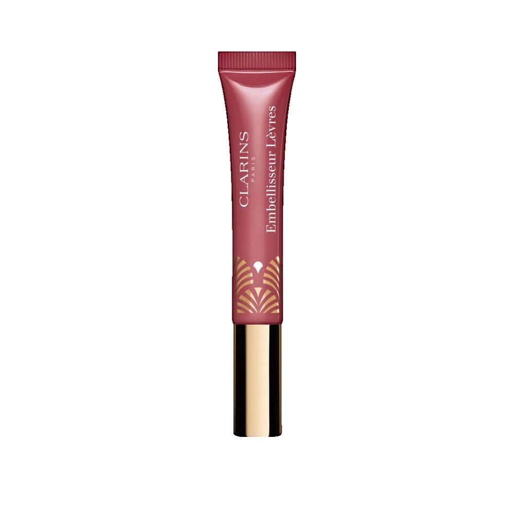 Rosa Lipgloss-Tube mit goldenem Verschluss. Schriftzug: Clarins Paris, Embellisseur Lèvres.