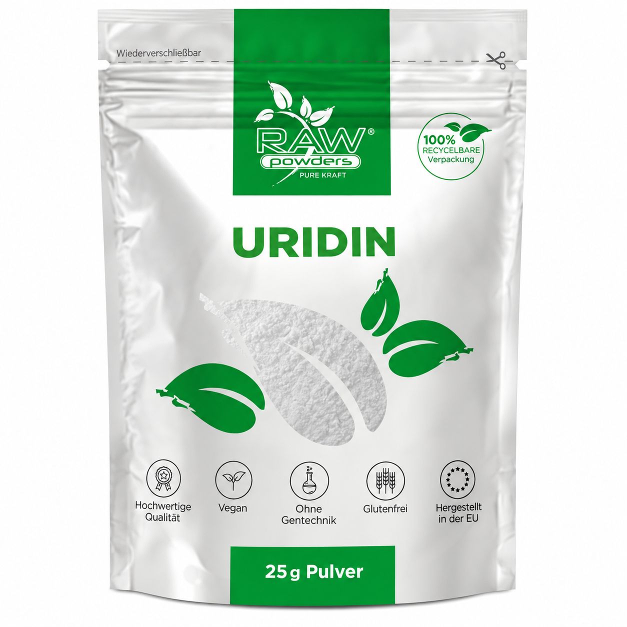 Raw Powders Uridin Pulver Beutel, 25g, 100% recycelbare Verpackung.