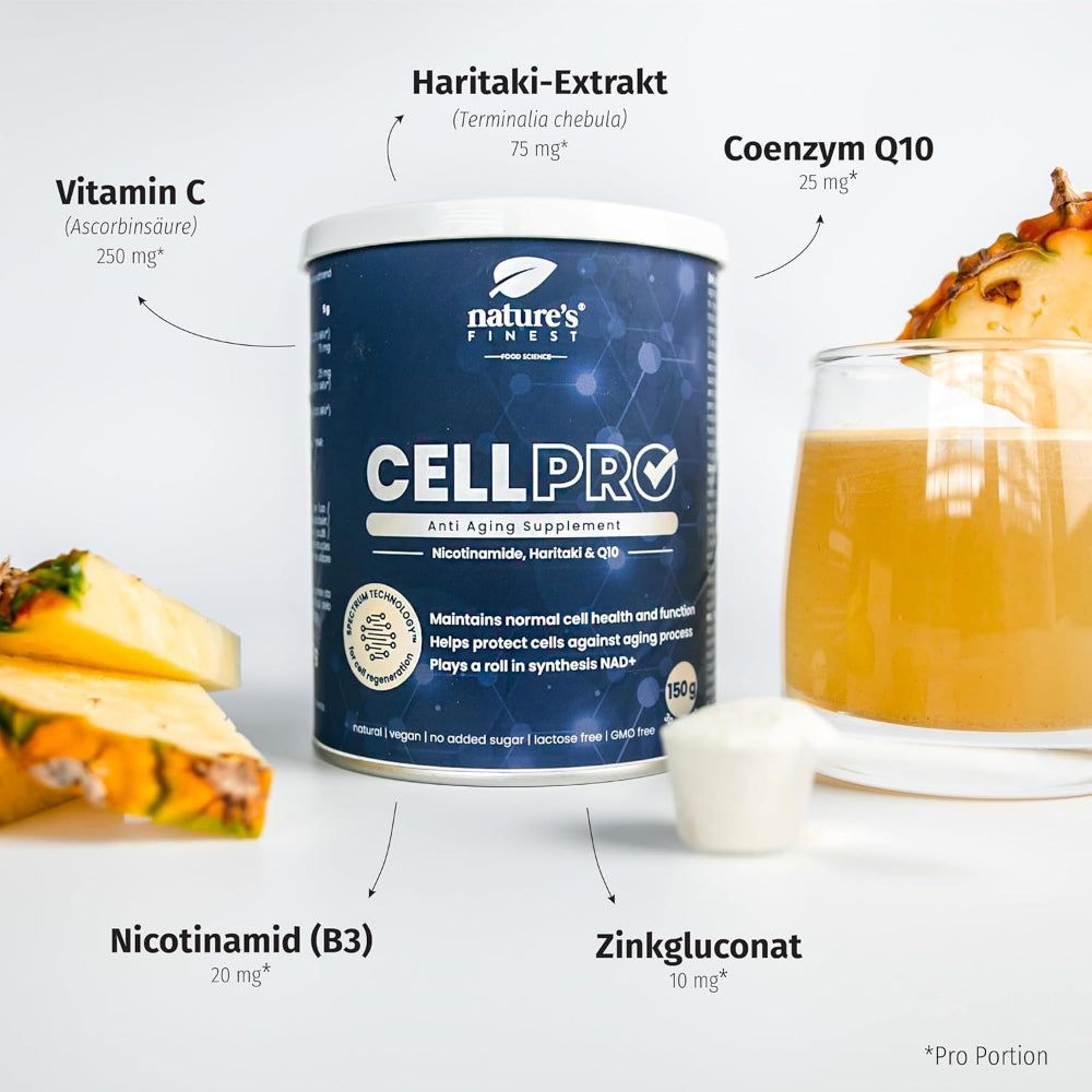 Dose CELL PRO, blau. Aufschrift CELL PRO, Reverse Ageing Supplement. 150g. Zutaten: Vitamin C, Nicotinamid, Zink.