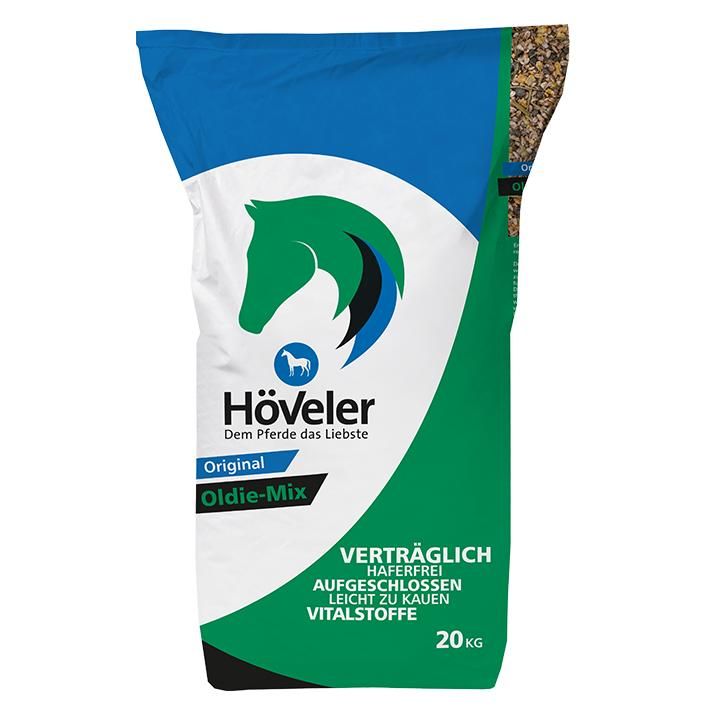 Blauer Sack mit Höveler Oldie-Mix. Logo mit Pferdekopf. Text: Verträglich, Haferfrei, Aufgeschlossen, Leicht zu kauen, Vitalstoffe. 20kg.