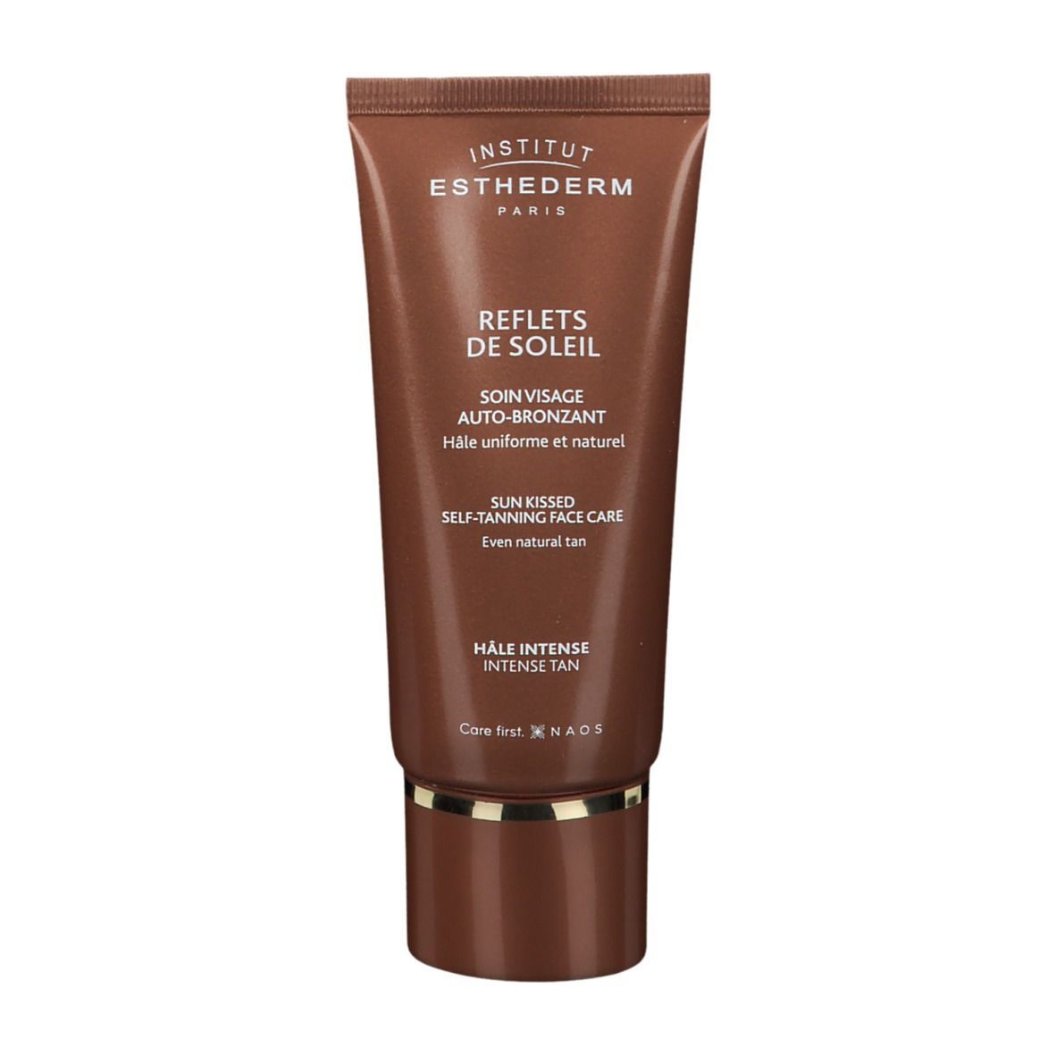Braune Tube mit Aufschrift INSTITUT ESTHEDERM PARIS. Text: REFLETS DE SOLEIL, SOIN VISAGE AUTO-BRONZANT. HALE INTENSE.