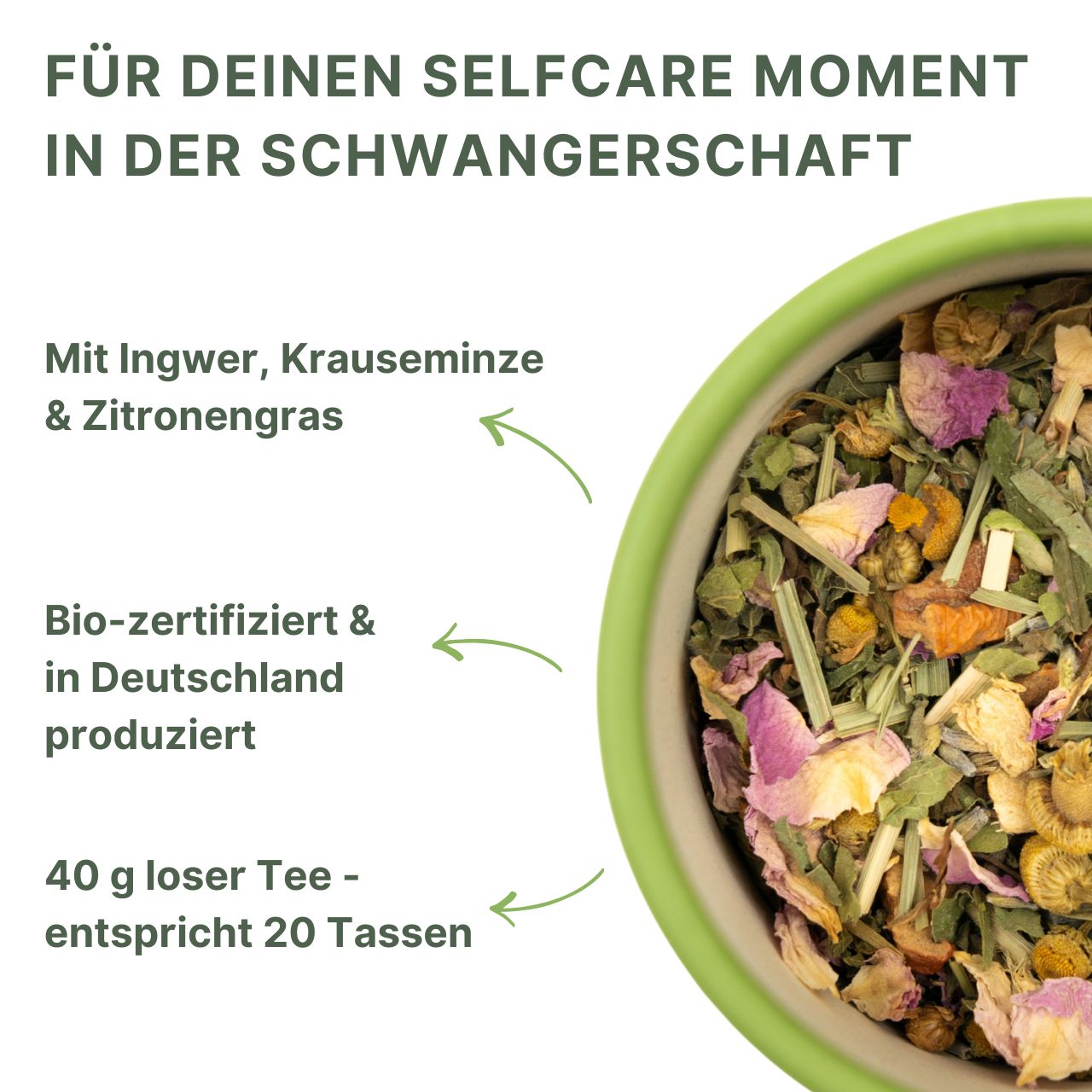 Kräutermischung in grüner Schale. Zutaten: Ingwer, Krauseminze, Zitronengras. Bio-zertifiziert. 40g loser Tee, entspricht 20 Tassen.