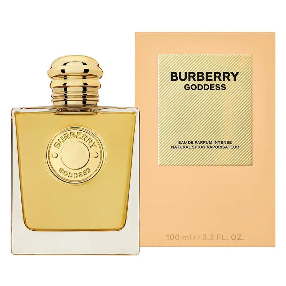 Goldfarbener Flakon mit goldfarbenem Verschluss und Verpackung. Aufschrift Burberry Goddess.