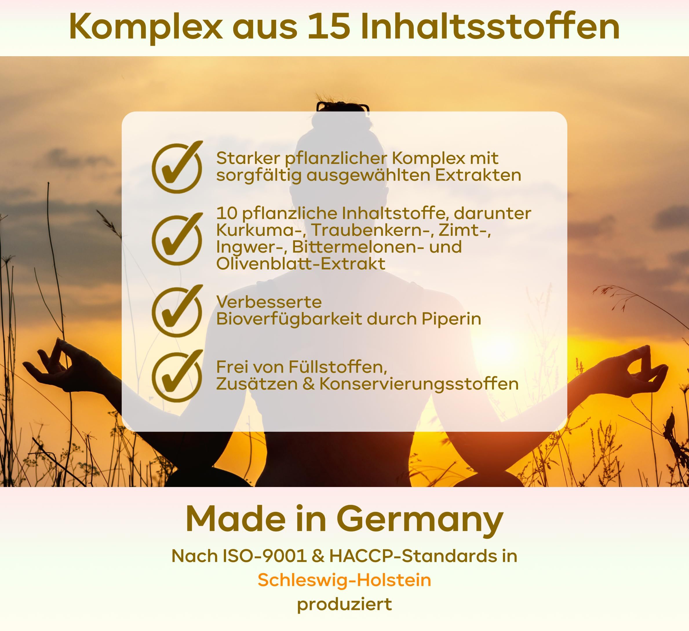 Grafik mit Text: Komplex aus 15 Inhaltsstoffen. 4 grüne Häkchen. Text: 10 pflanzliche Inhaltsstoffe, Made in Germany. ISO 9001 & HACCP-Standards.