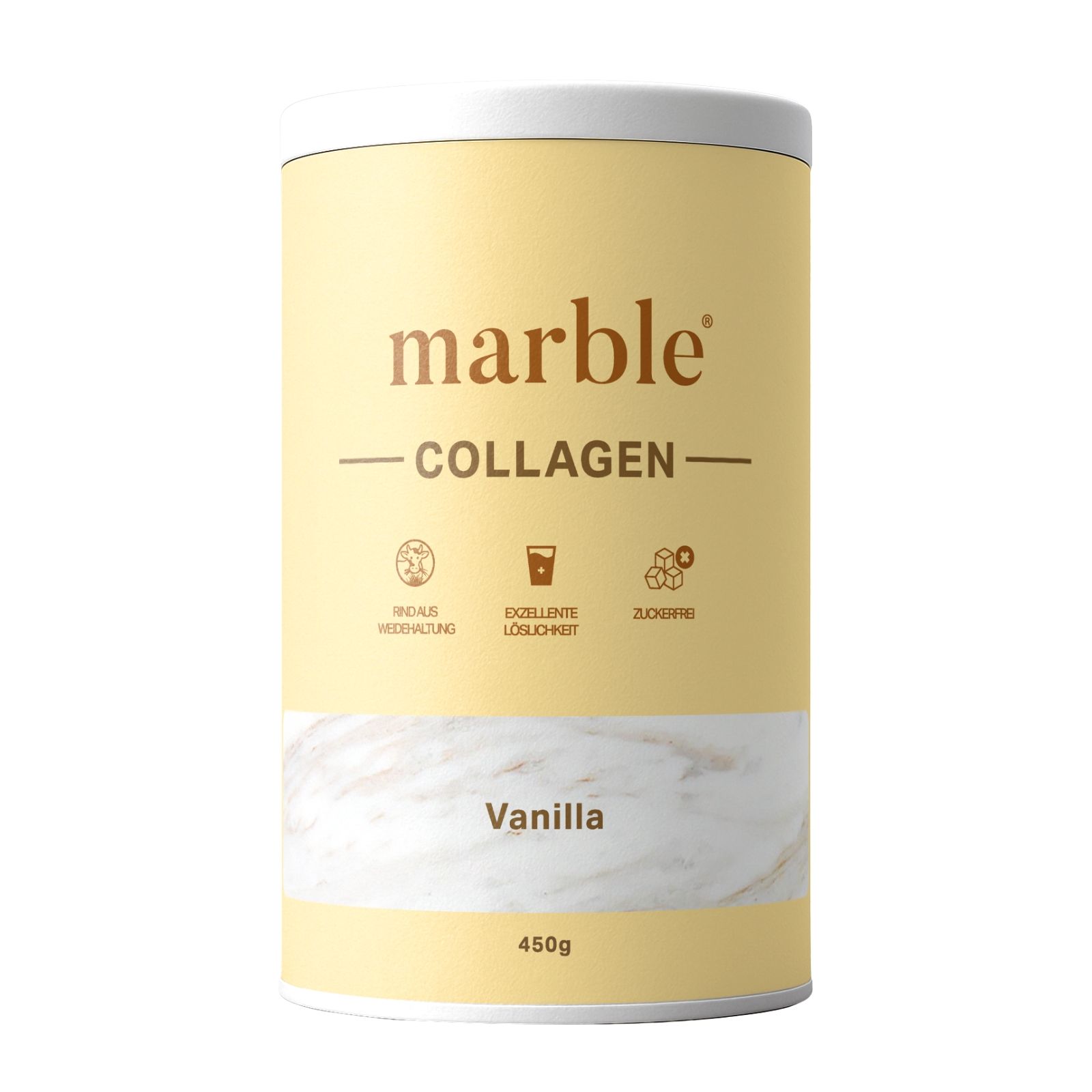 Beige Dose mit weißem Deckel. Aufschrift: marble® COLLAGEN, Vanilla, 450g. Icons: pH-neutral, exzellente Löslichkeit, zuckerfrei.