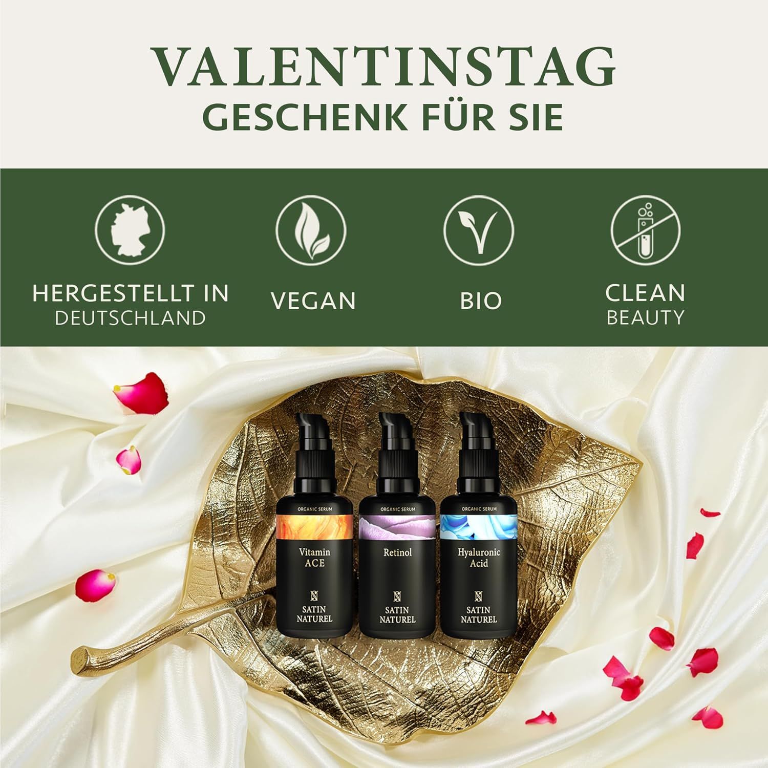 Drei Flaschen Serum in einer goldenen Blattform. Aufschrift: Vegan, Bio, Clean Beauty. Hintergrund: Rosenblätter.