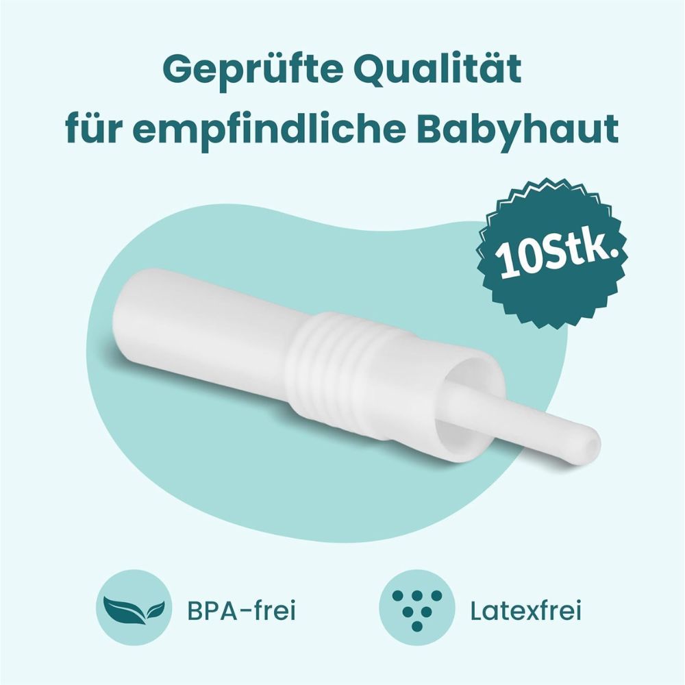Produkt auf blauem Hintergrund. Text: Geprüfte Qualität für empfindliche Babyhaut. BPA-frei, latexfrei. 10 Stk.