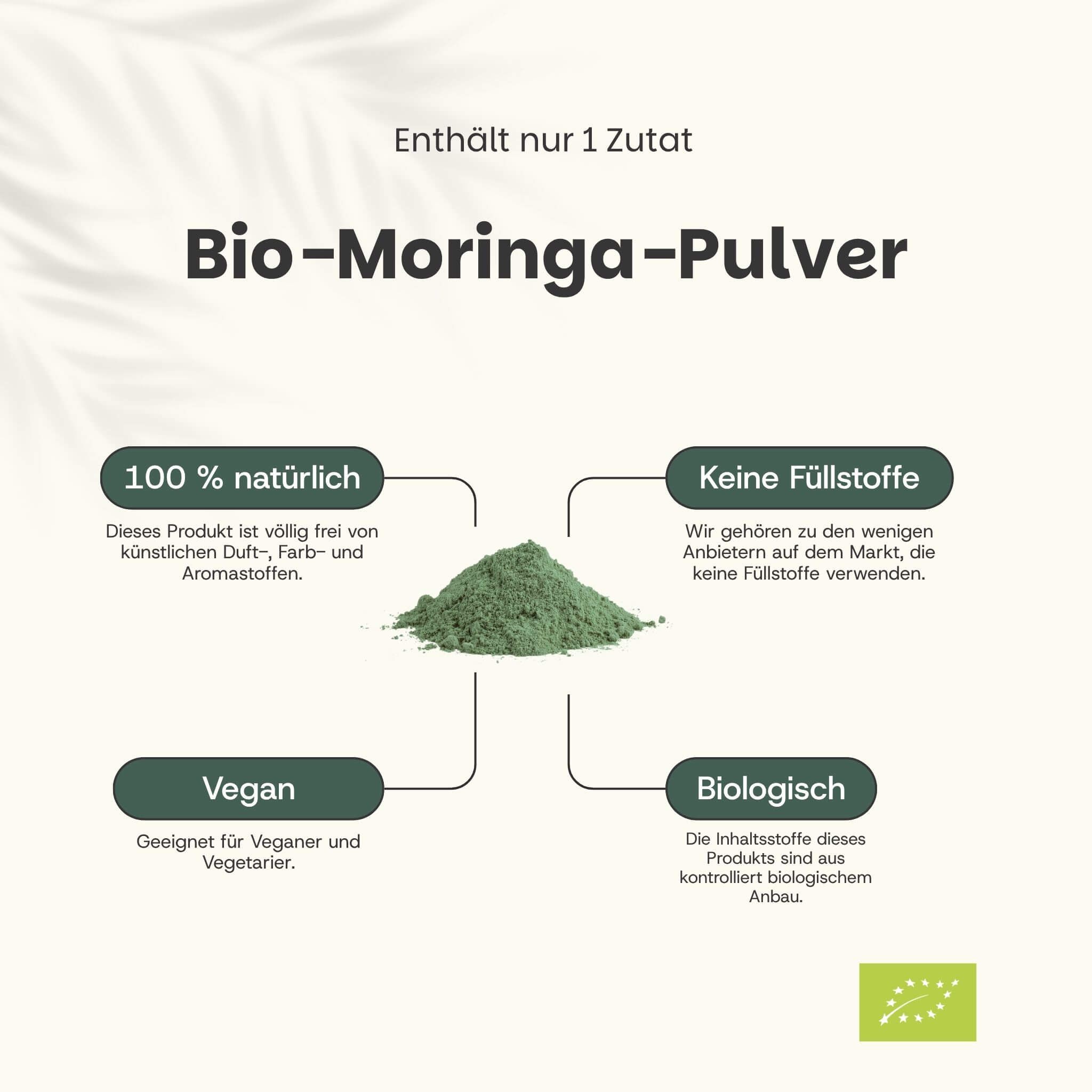 Grünes Moringa-Pulver. Text: 100% natürlich, vegan, biologisch, ohne Füllstoffe. Bio-Zertifizierung.