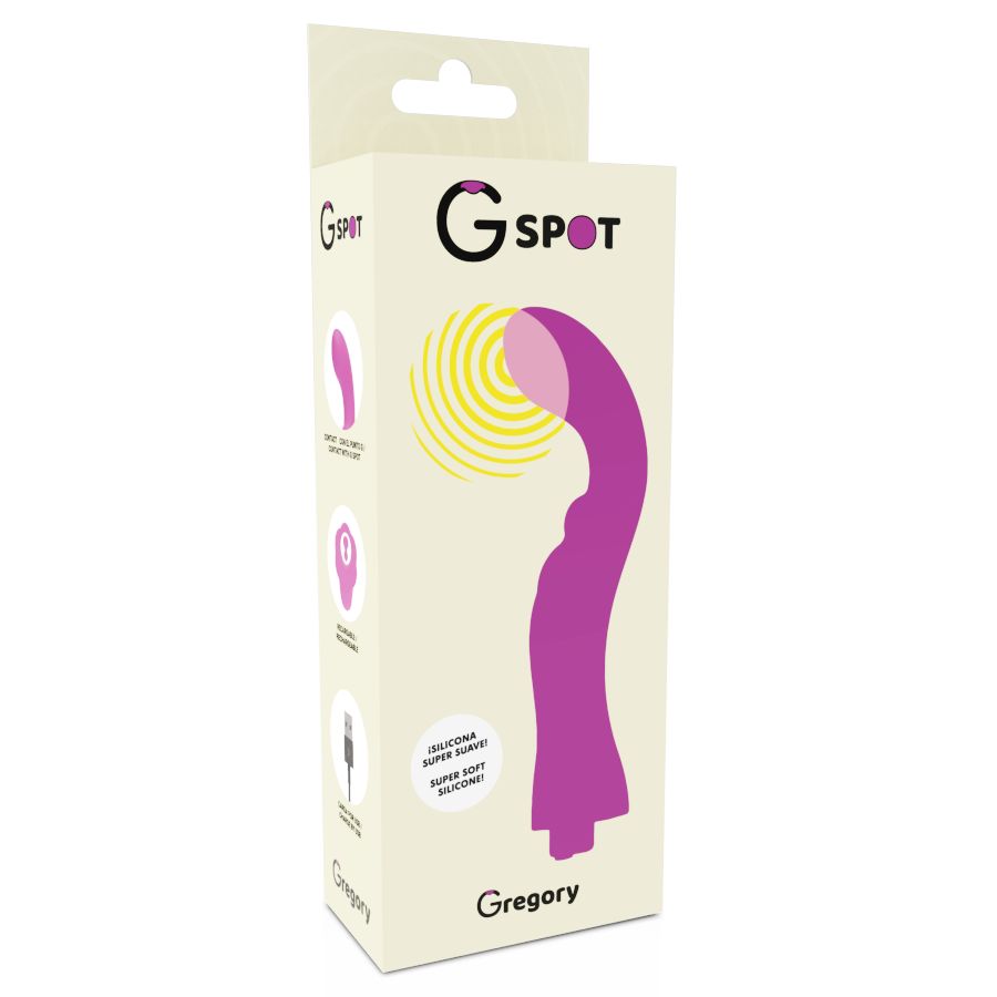 Verpackung mit Produktabbildung. Aufschrift: G-Spot, Gregory. Abbildung eines pinkfarbenen Vibrators. Text: Super Soft Silicone.