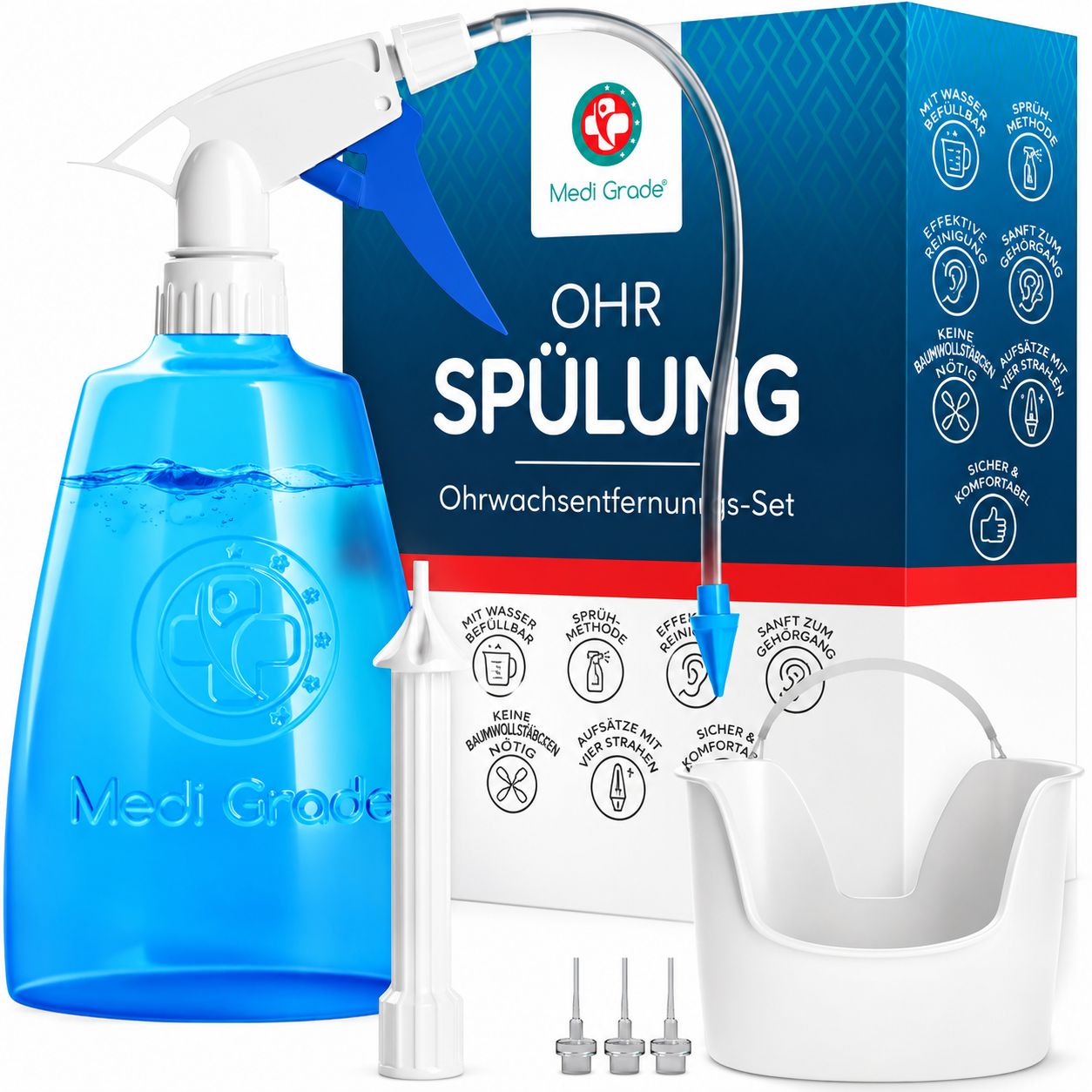 Ohrspülset mit 300-ml-Flasche, flexibler Düse, Quad-Stream-Spitze, Dreiecksspitze und berührungslosem Waschbecken.