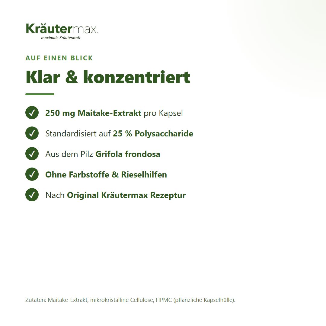 Klar & konzentriert: 250 mg Maitake-Extrakt, 25% Polysaccharide, aus Grifola frondosa, ohne Zusatzstoffe.