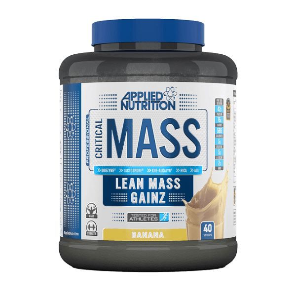 Dunkelgraue Dose mit blauem Deckel. Aufschrift: Applied Nutrition, Critical Mass, Lean Mass Gainz. Geschmack: Banana. 40 Portionen.