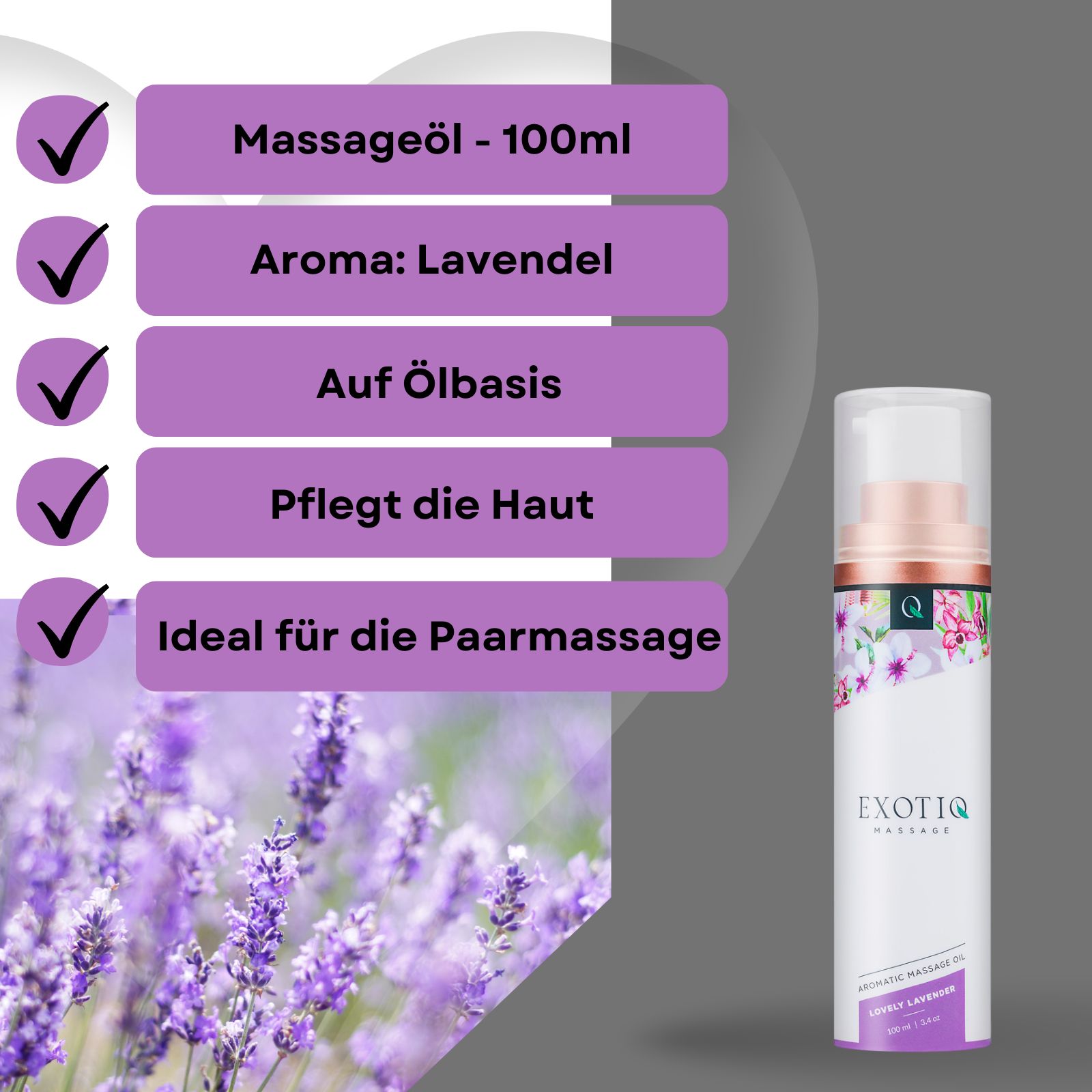 Produkt mit Textfeldern: Massageöl, Aroma Lavendel, auf Ölbasis, pflegt die Haut, ideal für Paarmassage. Lavendel-Hintergrund.