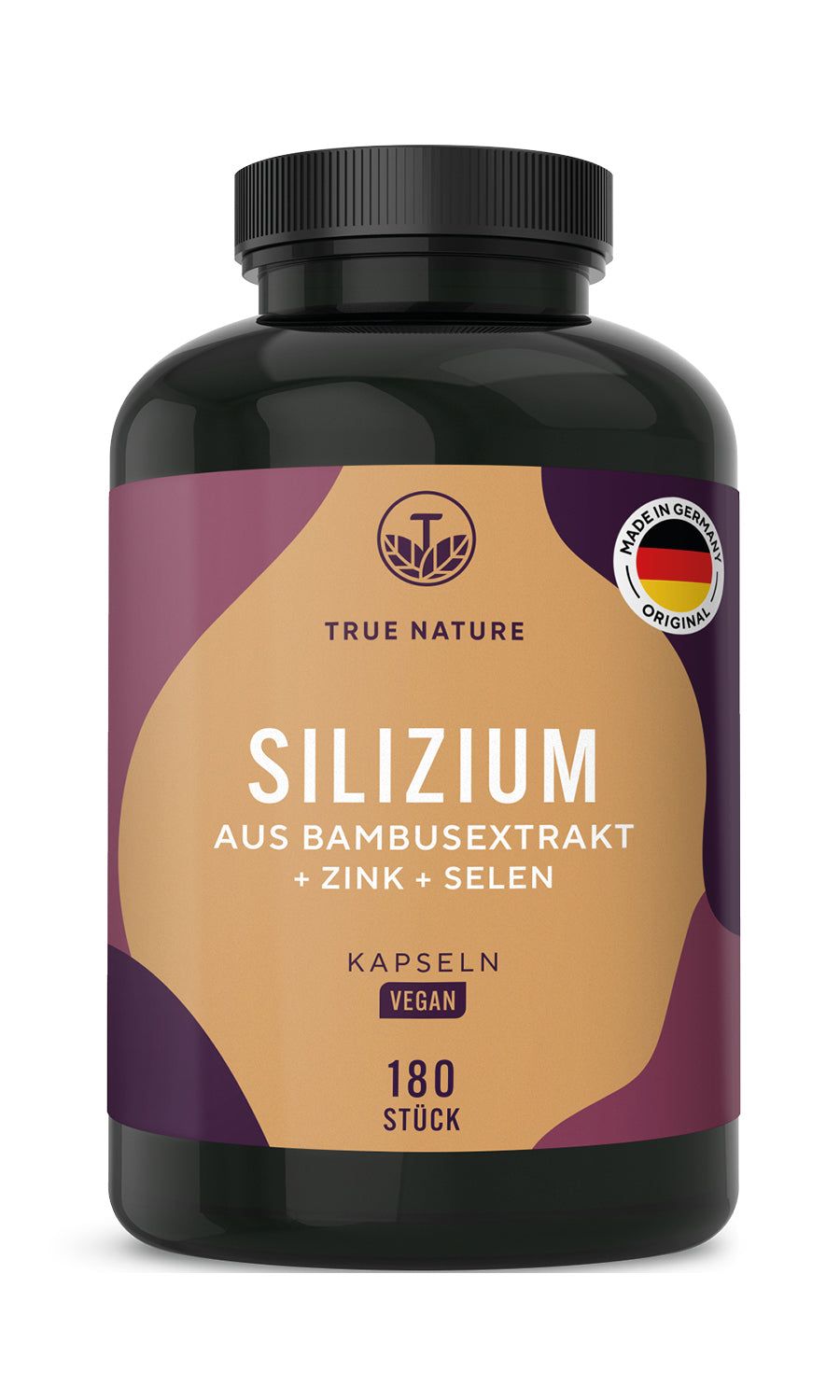 Dunkle Flasche mit Kapseln. Aufschrift: Silizium, Zink, Selen. 180 Stück. Vegan. Made in Germany. Logo.