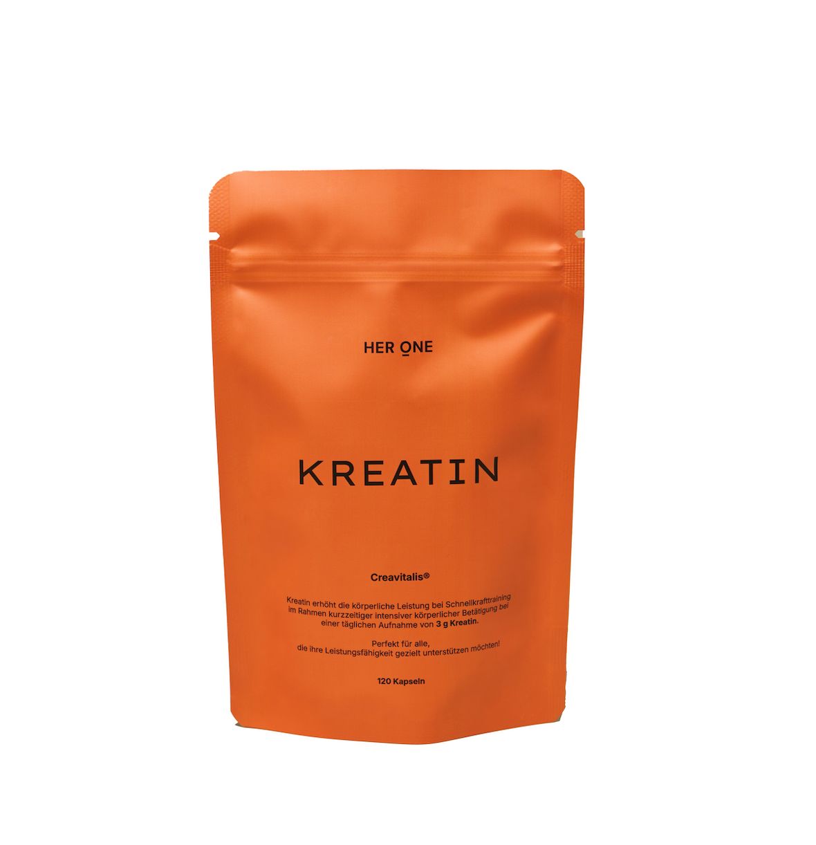 Orangefarbene Verpackung mit der Aufschrift "HER ONE KREATIN". Enthält Kapseln. Text: "Kreatin", "Creavitalis".