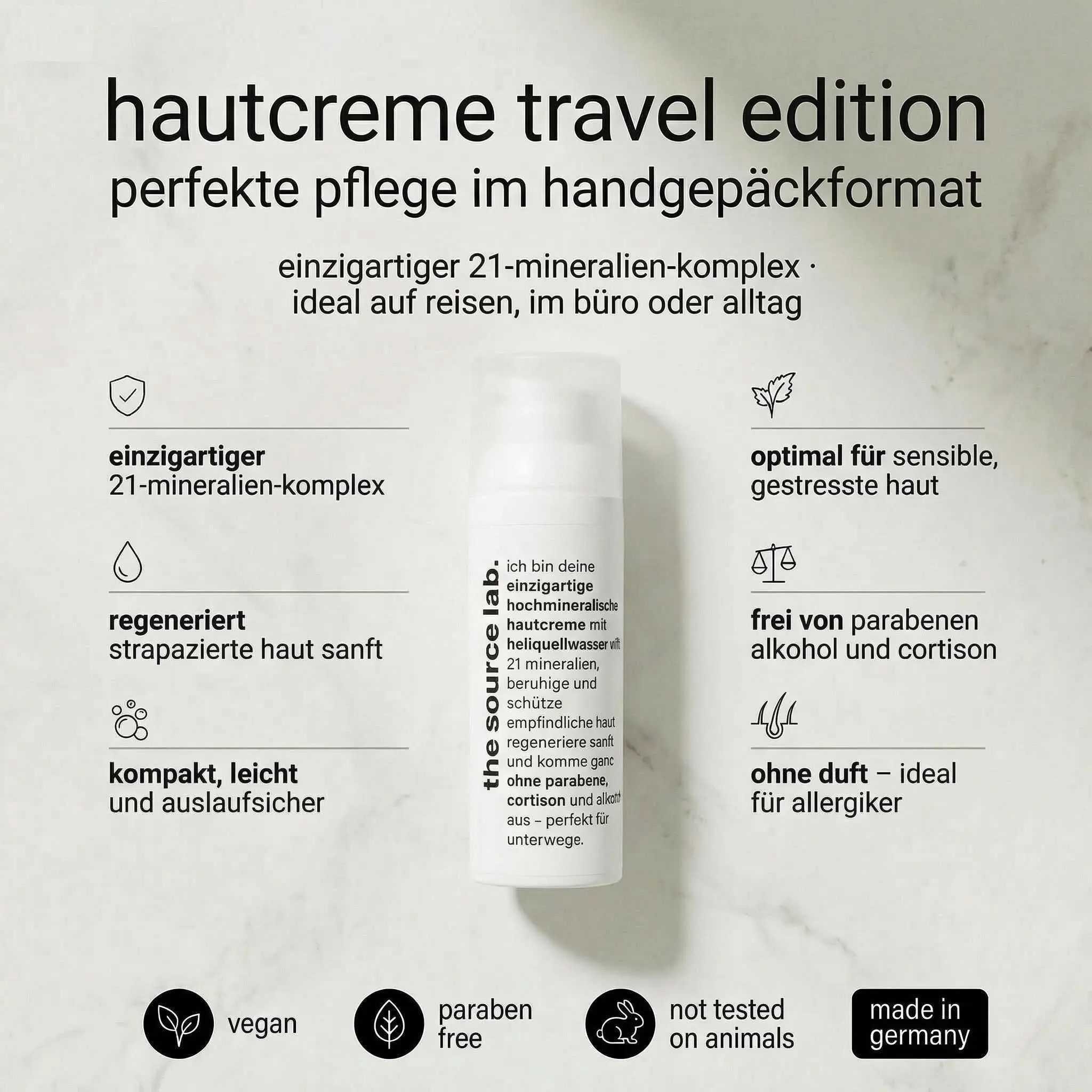Weiße Flasche mit Pumpe. Text: hautcreme travel edition, the source lab. Vegan, paraben free, nicht an Tieren getestet, made in Germany.