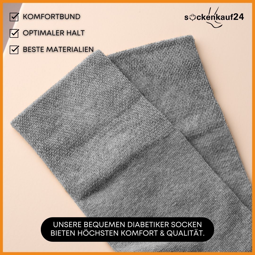 Graue Socken, Komfortbund, optimale Halt, beste Materialien. Text: Bequeme Diabetiker Socken bieten höchsten Komfort & Qualität.