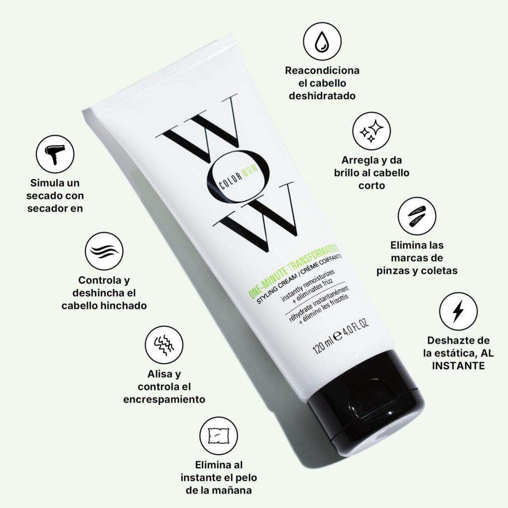 Color Wow One Minute Transformation Styling Cream Tube mit Icons, die Vorteile wie Hitzeschutz und Glanz hervorheben.