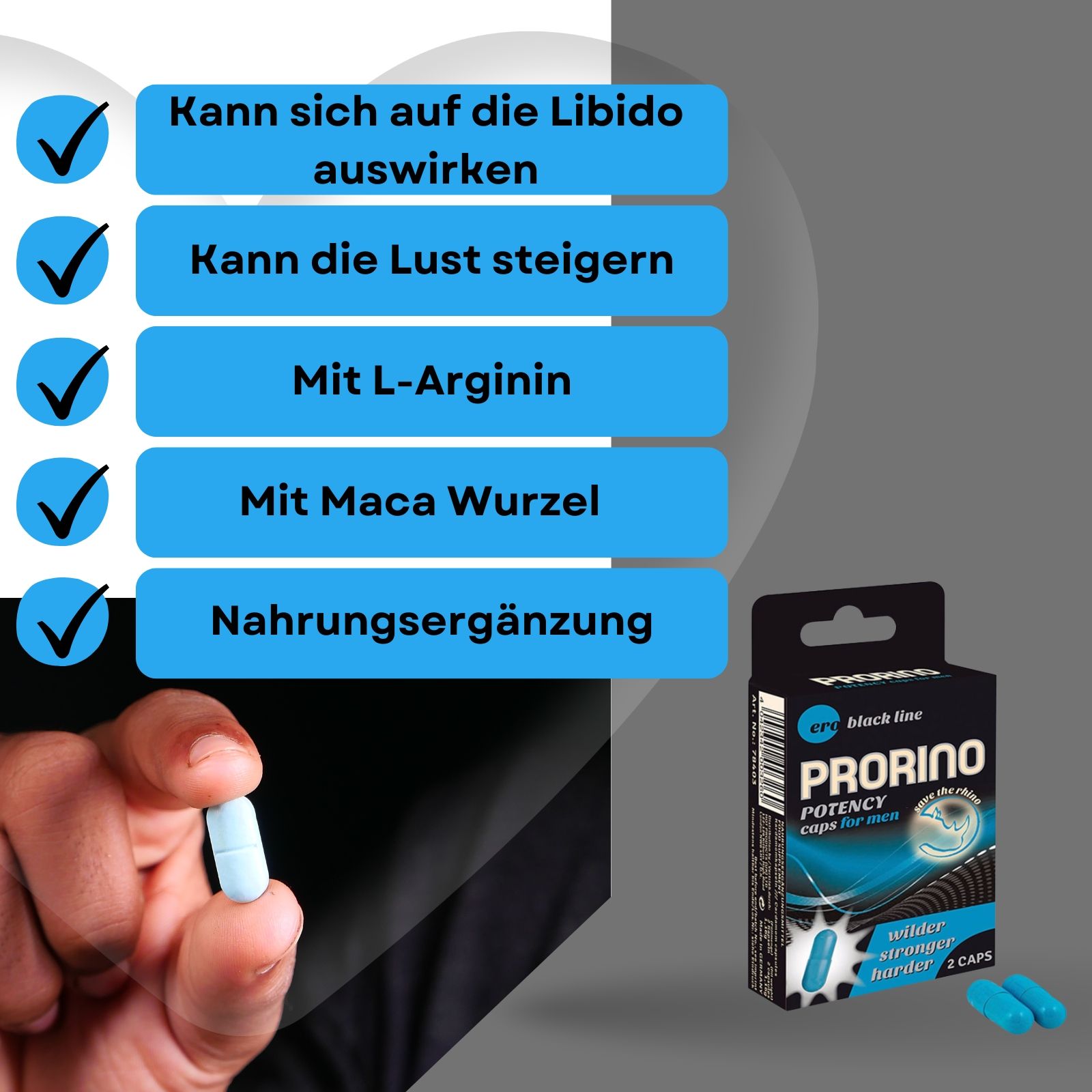 Produktverpackung und blaue Kapseln. Text: Prorino, Potency caps for men, 2 caps. Hand hält Kapsel.