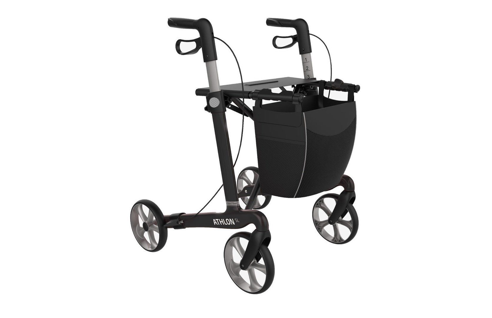 Schwarzer Rollator mit Softbereifung. Vier Räder, Korb, Handgriffe und Bremsen. Athlon-Schriftzug.