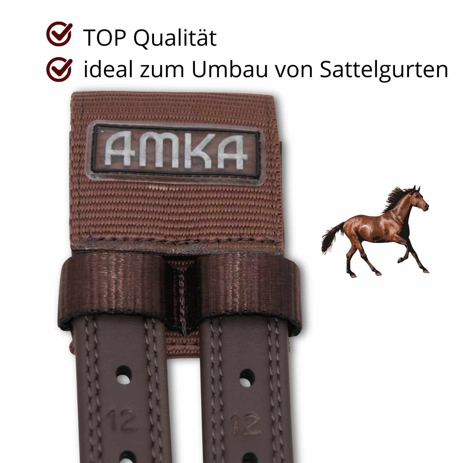 Sattelgurt-Converter mit AMKA-Logo. Text: 'TOP Qualität' und 'ideal zum Umbau von Sattelgurten'. Pferd-Illustration.