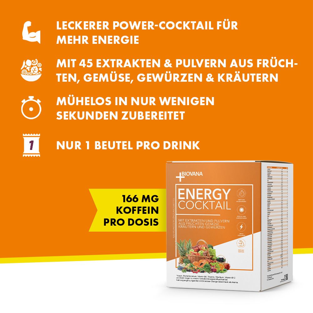 Orangefarbene Verpackung von Energy Cocktail mit Text und Illustrationen. Enthält 166 mg Koffein pro Dosis.