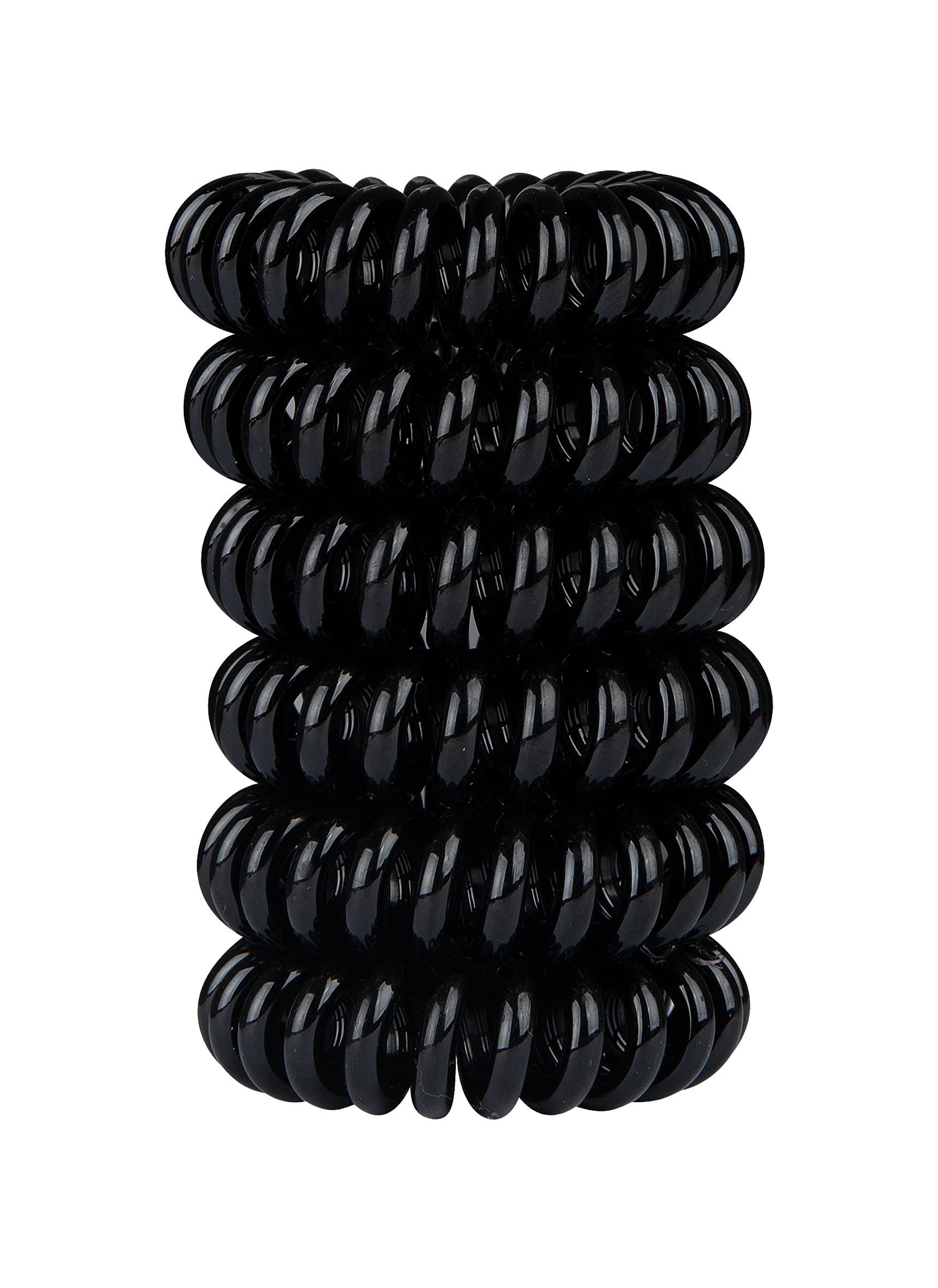 Stapel von sechs schwarzen, spiralförmigen Haargummis.