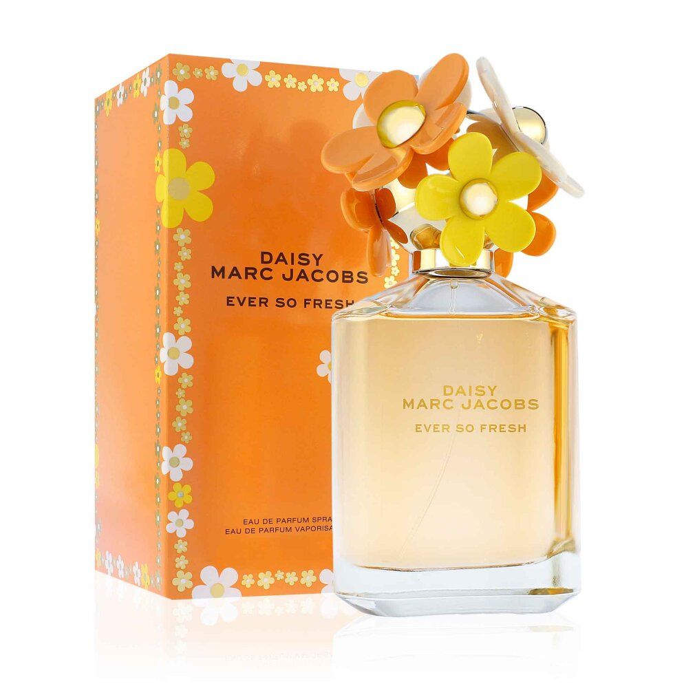 Parfümflasche und Karton. Flasche mit Blüten auf dem Deckel. Aufschrift: Daisy Marc Jacobs Ever so Fresh. Karton: orange mit Blumen.