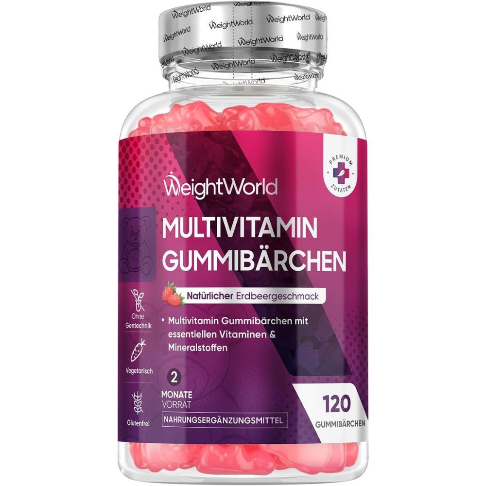 WeightWorld Multivitamin Gummibärchen. 120 Gummibärchen. 13 Vitamine und Mineralien. Erdbeergeschmack. Premium Zutaten.