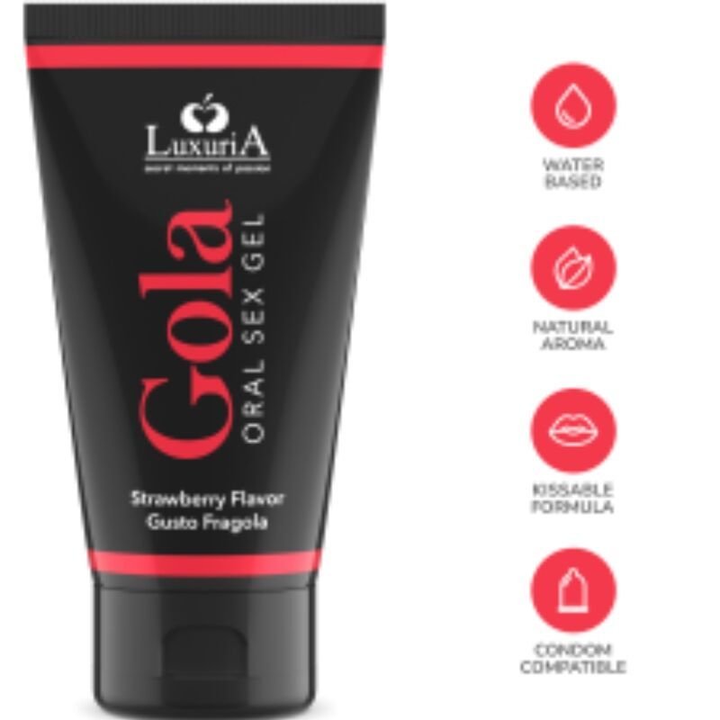 Schwarze Tube mit roter Schrift. Text: "Gola Oral Sex Gel", Erdbeergeschmack. Symbole: Wasserbasiert, natürliches Aroma, küssbare Formel, kondomkompatibel.