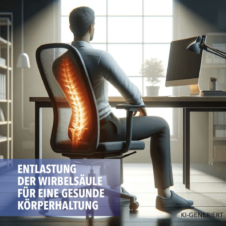 Mann sitzt am Schreibtisch, Wirbelsäule hervorgehoben, Text: Entlastung der Wirbelsäule.