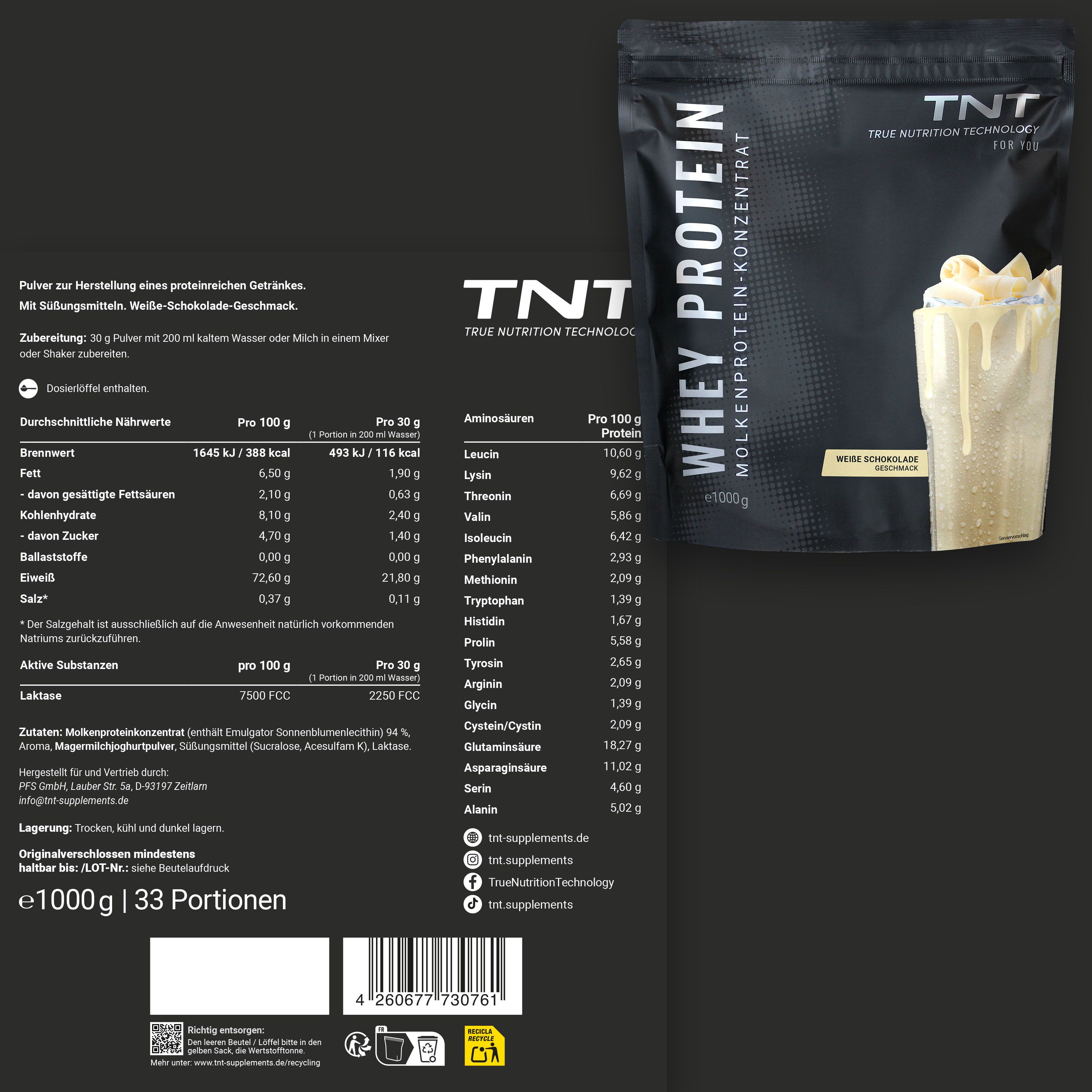 TNT Whey Protein Konzentrat Packung und Nährwerttabelle. Aufgedruckt: "Weiße Schokolade Geschmack".