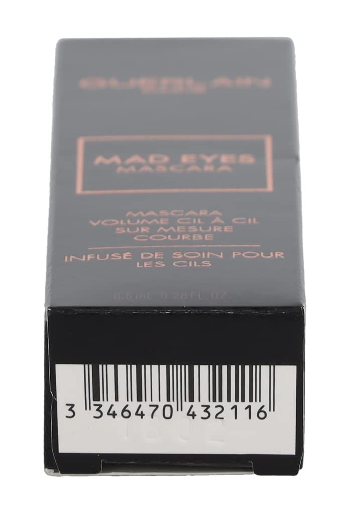 Schwarze Mascara-Verpackung mit Produktnamen und Barcode. Text: Mad Eyes Mascara, Volume Cil à Cil, Infusé de Soin.