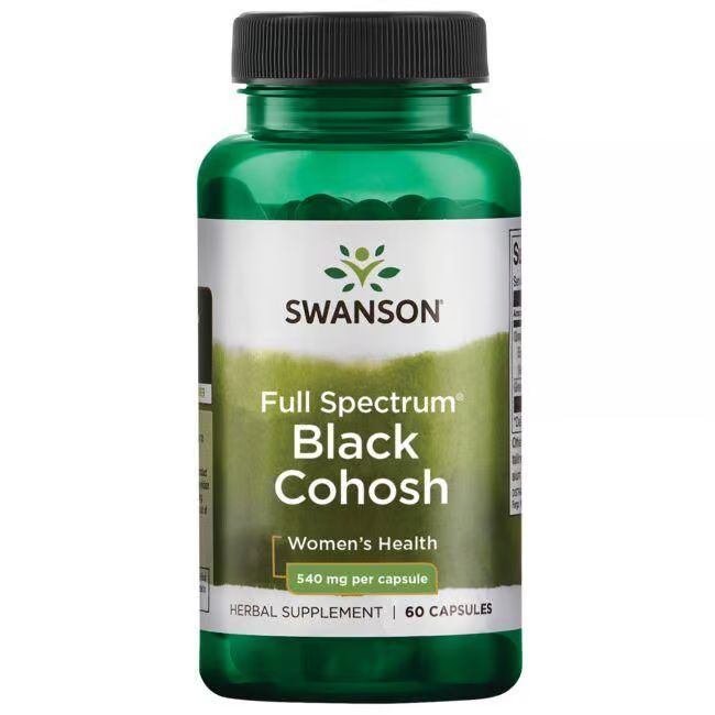Grüne Flasche mit schwarzem Deckel. Aufschrift: SWANSON, Full Spectrum Black Cohosh, 540 mg pro Kapsel. 60 Kapseln.