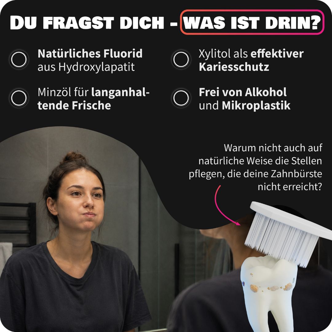 Frau spült den Mund, Zahnheld Mundspülung Mint Inhaltsstoffe und Anwendung.