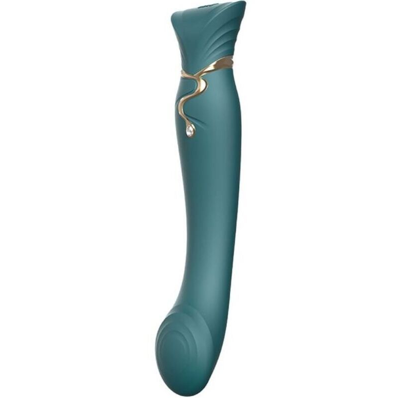 Türkisfarbener Vibrator mit goldfarbenen Akzenten. Tropfenförmiger Anhänger. Geformter Kopf, geschwungener Schaft und abgerundete Basis.