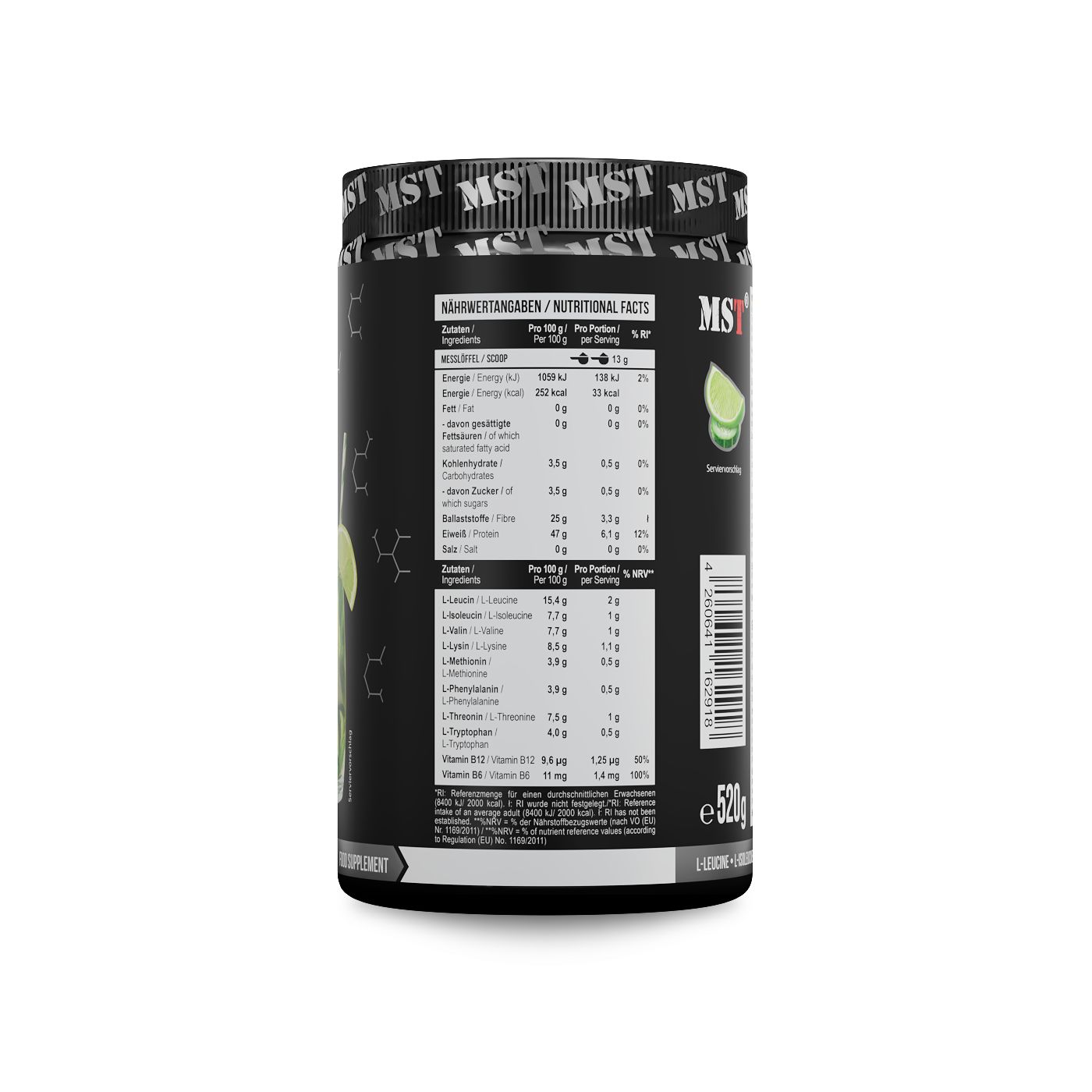 Schwarzer Behälter mit Nährwertangaben und Aminosäureprofil für MST BCAA & EAA.
