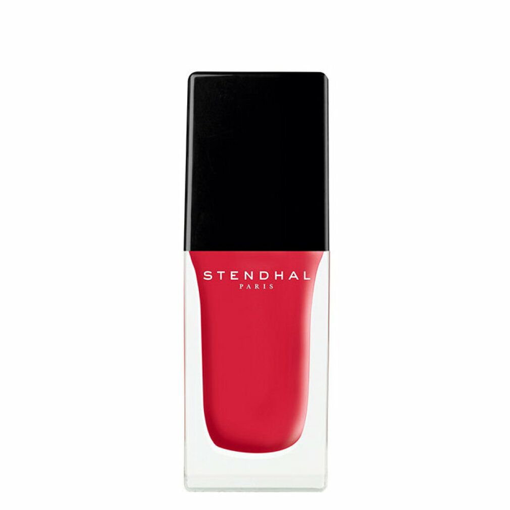 Nagellackflasche mit roter Farbe und schwarzem Deckel. Stendhal Paris Logo.