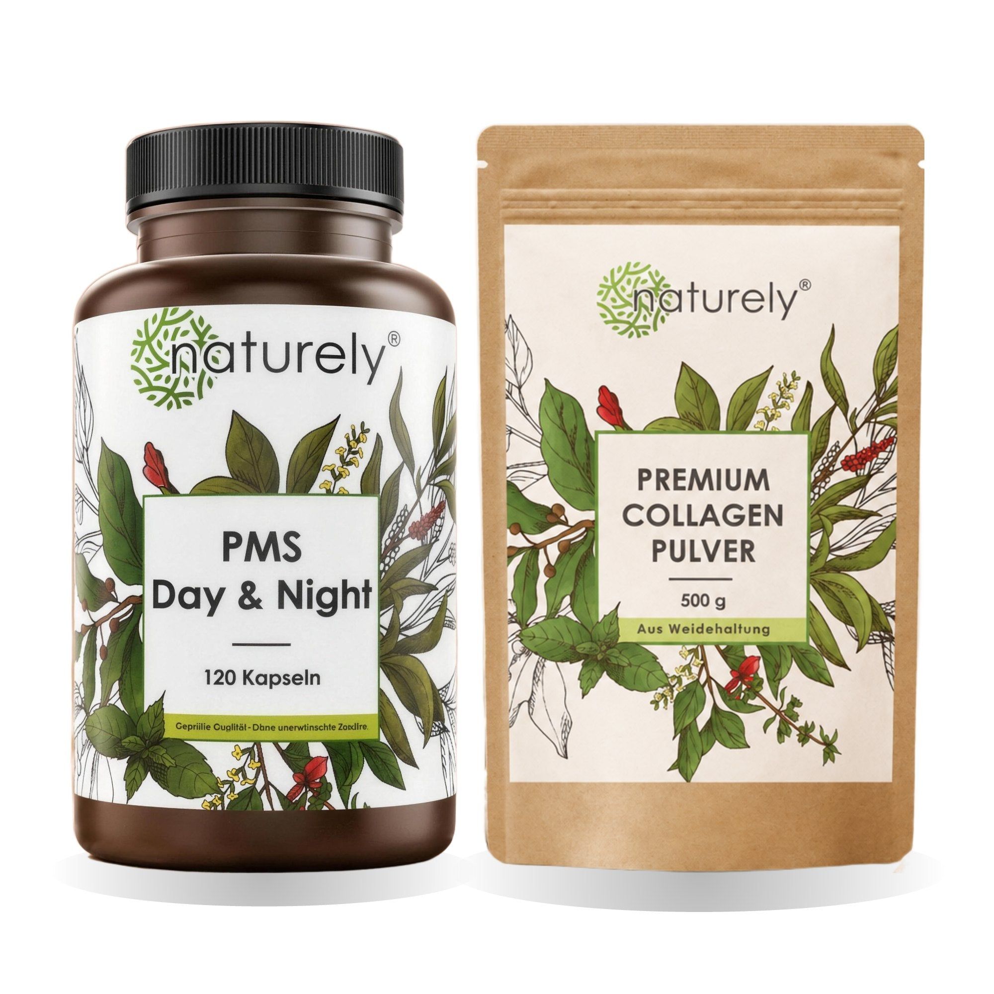Naturally PMS Day & Night Kapseln und Naturally Premium Kollagenpulver.