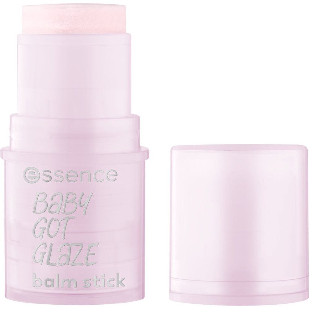 Essence Baby Got Glaze Stick Balsam. Rosa Verpackung, offener Deckel. Produktname und Marke sichtbar.