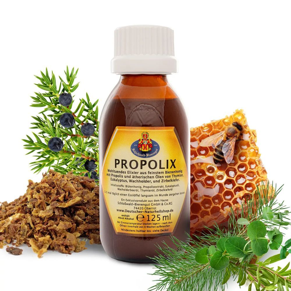 Braune Glasflasche mit weißem Deckel. Etikett mit Produktnamen PROPOLIX und Logo. Honigwabe, Kräuter, Bienen.