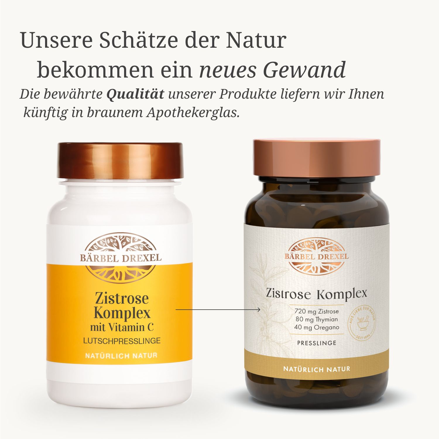 Vergleich: Weiße Flasche und braune Glasflasche. Beide mit Produktnamen und Logo. Text: Wechsel zu Apothekerglas.