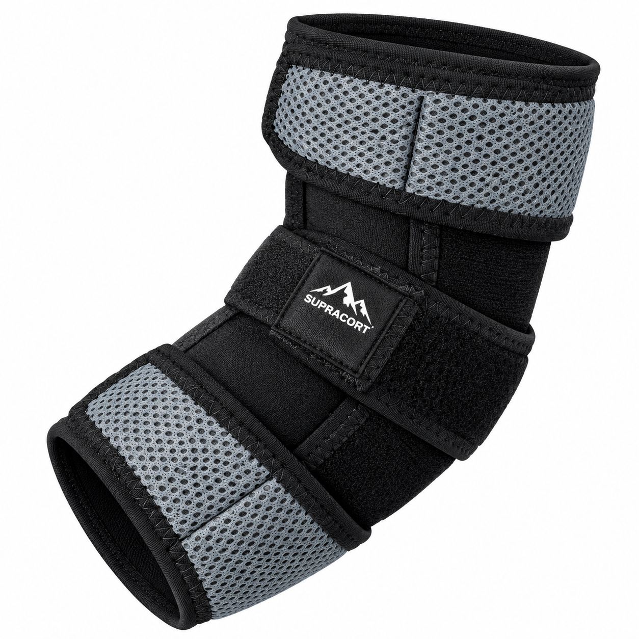 Mann spielt Golf, trägt eine Ellenbogenbandage. Daneben Darstellungen der Bandage.