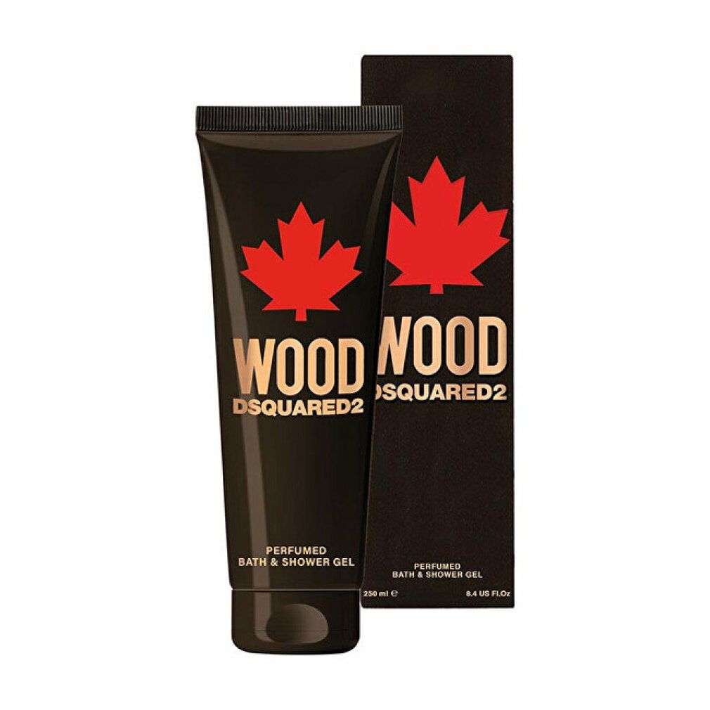 Schwarze Tube mit rotem Ahornblatt-Logo und "WOOD WOOD DSQUARED2"-Aufschrift. Enthält parfümiertes Bad- und Duschgel.