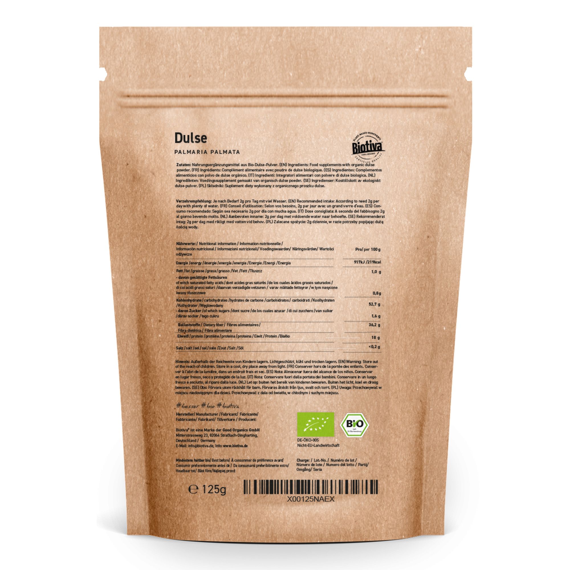 Rückseite einer braunen Papiertüte mit Produktinformationen. Biotiva Dulse Pulver Bio, Zutatenliste, Nährwertangaben, Bio-Siegel.