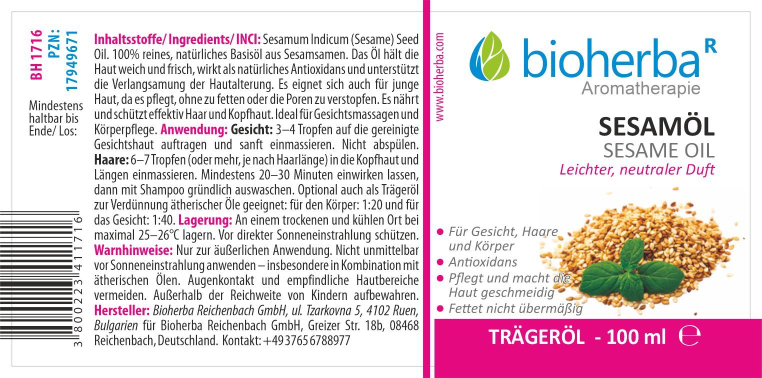 Etikett mit Produktname, Logo und Sesam-Illustration. Text in deutscher Sprache. Rosafarbener Streifen mit Text.