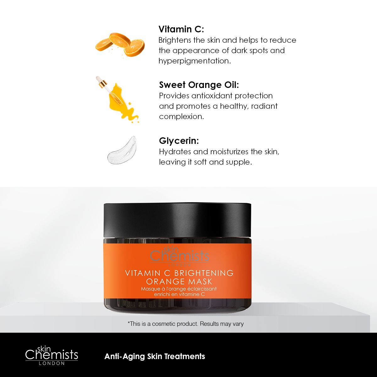 Produkt mit Inhaltsstoff-Illustrationen. Text: Vitamin C, Sweet Orange Oil, Glycerin. Schwarzes Glas mit orangefarbenem Etikett.