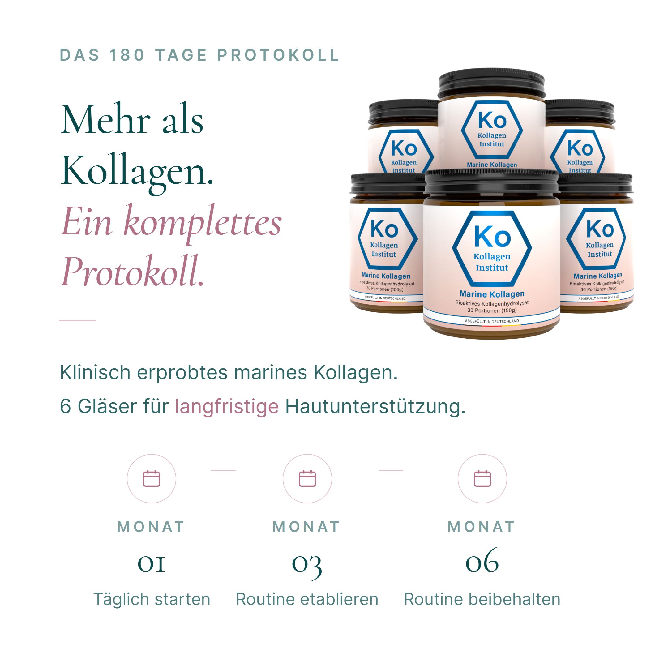 Sechs Gläser Kollagen Institut Marine Kollagen Pulver im 180-Tage-Protokoll.